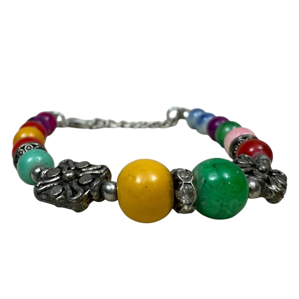 Colorful Glass Beaded Bracelet Silver Tone Charm Accents Fashion Jewelry Sz 7.5